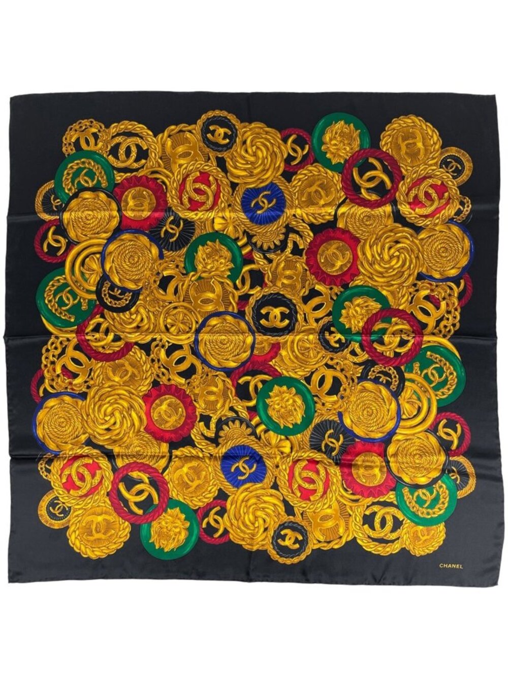 Chanel CC Logo Scarf Camellia Silk Black Multicolor